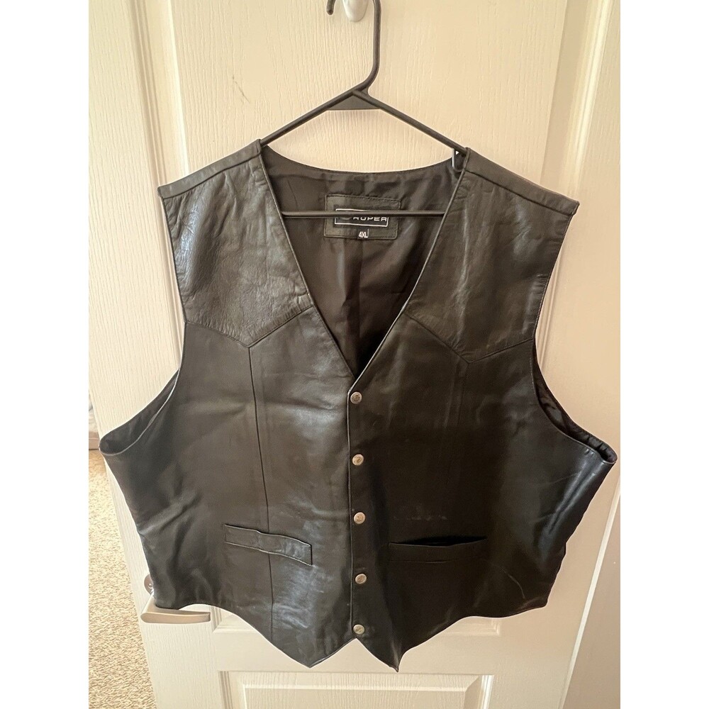 Roper Leather Vest Mens 4XL Black Snap Front Western Biker Lined Pockets Cowboy